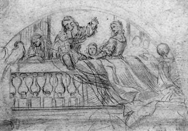 A family at a balcony with a parrot - view 1
