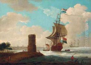 A coastal landscape with a tower and Dutch warships, a town beyond 2