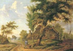 A landscape with a farm and a peasant pushing a wheelbarrow on a country road