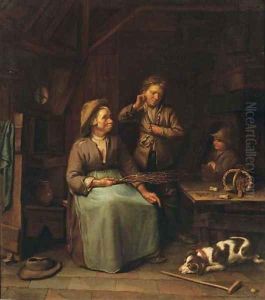 A peasant woman with two boys in an interior
