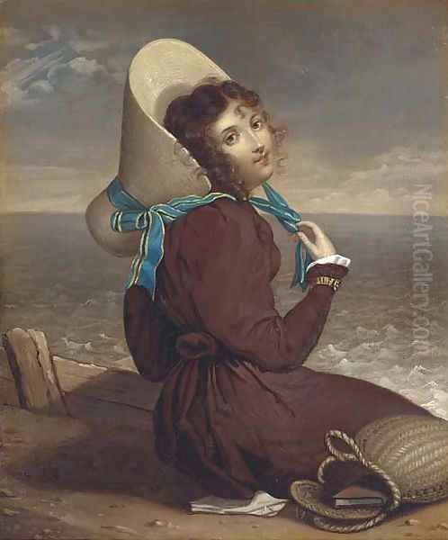 A young lady seated on a beach - view 1