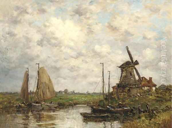 Barges moored before a windmill in a Dutch landscape - view 1