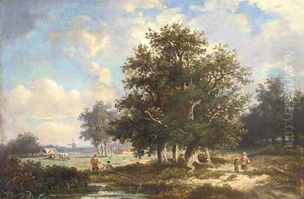 Figures in a wooded landscape with cattle grazing, a windmill beyond - view 1