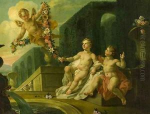 Putti desporting by a fountain in a classical garden by Dutch School