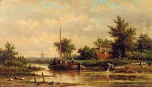 A barge travelling downstream by Dutch School