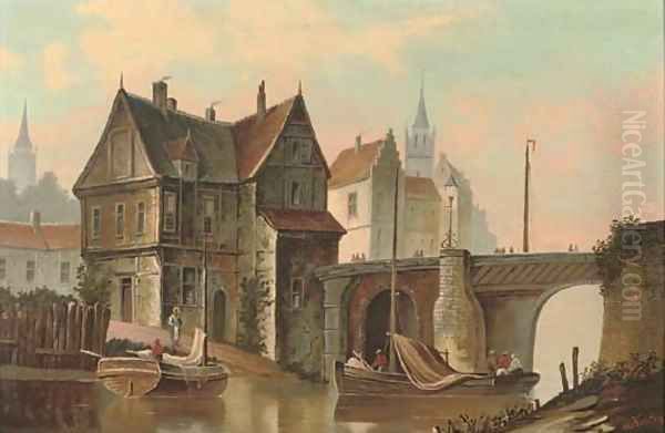 A Dutch canal side town with figures boating - view 1
