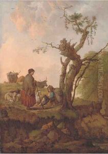 A river landscape with a shepherd and shepherdess and their flock resting by a tree