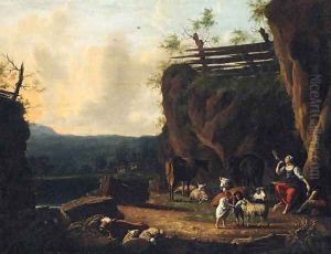 A shepherd and his family on a river bank