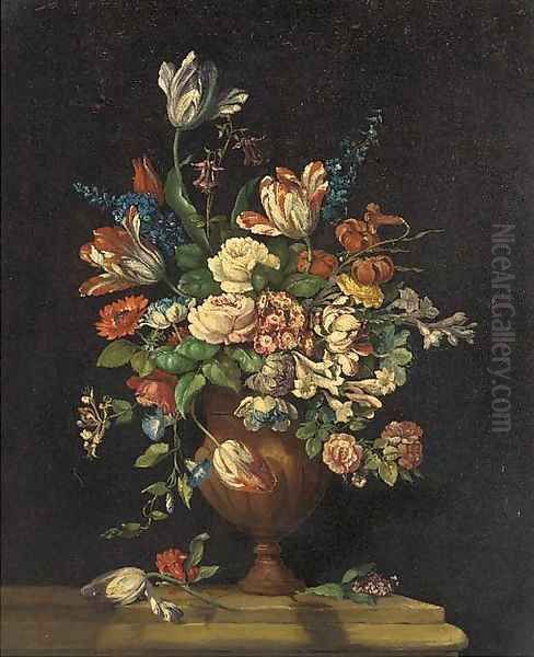 A still life of tulips, roses, freesias, honeysuckle, lilac and other summer flowers in an urn on a ledge - view 1