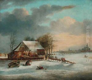 A winter landscape with figures skating on a frozen lake by Dutch School