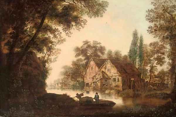A wooded river landscape with figures on a boat, cottages beyond - view 1