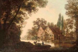 A wooded river landscape with figures on a boat, cottages beyond by Dutch School