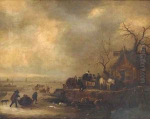 Figures on a frozen lake, with an inn on the bank