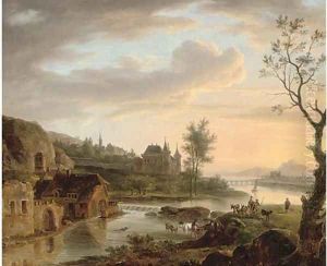 Herdsmen fording a river at a mill