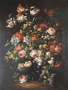 Tulips, roses, fritillaria, narcissae, lilac and other summer flowers in a glass vase