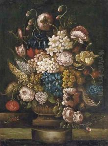 Tulips, roses, lilac, peonies and other flowers in an urn, standing on a ledge by Dutch School
