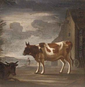 Two cows in front of a barn, a herder with a dog beyond