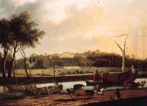 A carriage on a road by a canal, a country mansion on a hilltop beyond by Dutch School