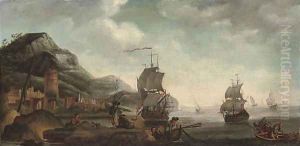 A coastal inlet with fishermen in the foreground, shipping beyond by Dutch School