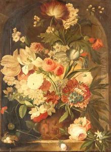 A flower still life with a bird's nest on a marble ledge by Dutch School