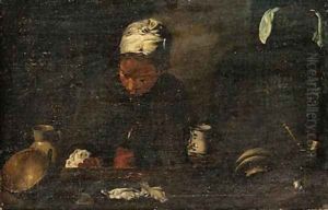 A girl holding a jug, behind a kitchen bench by Dutch School