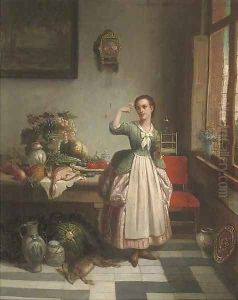 A girl in a pantry, holding a bird on her right hand
