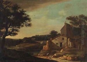 A landscape with a traveller on a path near a cottage
