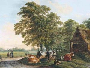 A landscape with cows in a farmyard and two travellers resting by the side of a road