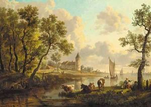 A river landscape with a herdsman and a herdswoman resting by their cattle, boats sailing and a castle beyond