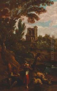 A shepherd playing bagpipes with a maiden in an extensive landscape, a ruin beyond
