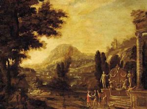 An Italianate landscape with figures and ruins