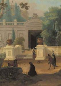 Elegant company promenading in a walled garden near a mansion