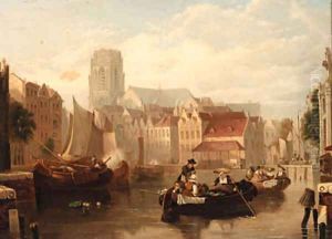 Figures in barges on a Dutch canal