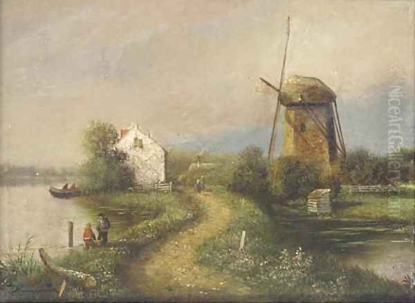 Figures on a track with figures and a windmill beyond - view 1