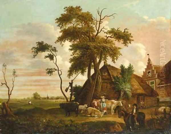 Figures with cattle before a farm - view 1