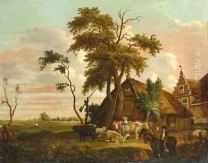 Figures with cattle before a farm