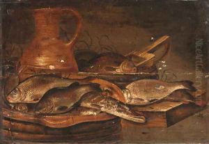 Fish and a Jug on a Barrel and a wooden Ledge by Dutch School