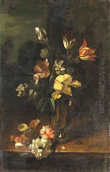 Flowers in a pewter Jug and on a stone Ledge - view 1