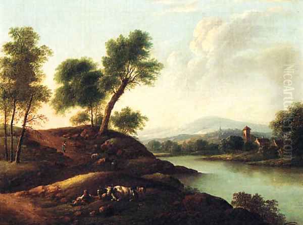 Herdsmen resting with their Herds in a mountainous River Landscape - view 1