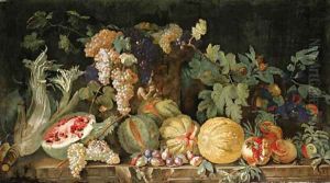 Melons, plums, pomegranates, figs, grapes, cardoon and other fruit by a sculpted urn on a stone ledge by Dutch School