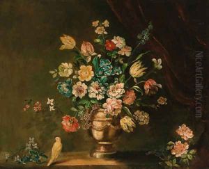 Parrot tulips, carnations and other flowers in a pewter urn with a dove, on a stone ledge by Dutch School