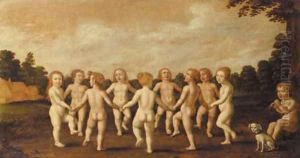 Putti dancing to the music of a shepherd boy in a wooded landscape by Dutch School