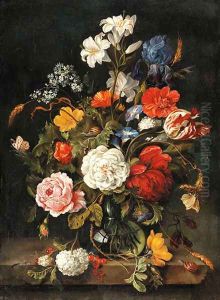 Roses, lilies, a parrot tulip, an iris and other flowers in a glass vase by Dutch School
