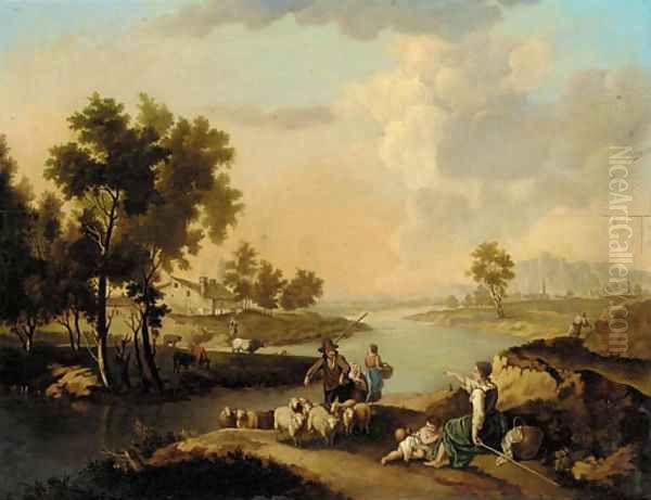 Shepherds with their flock by a river, a farmstead beyond - view 1