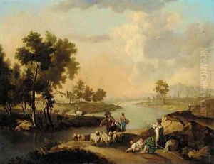 Shepherds with their flock by a river, a farmstead beyond