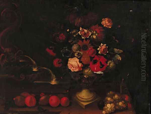 Still life of mixed flowers in an urn on a ledge with grapes and apples by a fountain - view 1