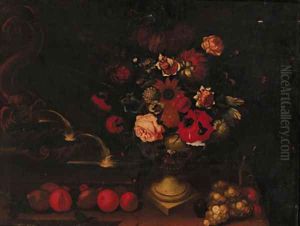 Still life of mixed flowers in an urn on a ledge with grapes and apples by a fountain