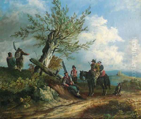 Travellers on a sandy track, in a mountainous landscape - view 1
