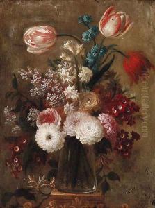 Tulips, carnations, narcissi and other flowers in a glass vase on a pedestal by Dutch School