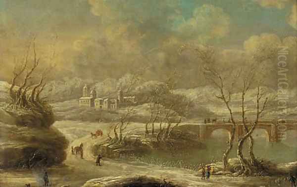 A busy track by a bridge in a winter landscape - view 1